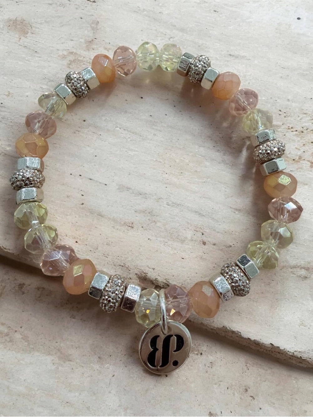 Faceted Peach & Pale Yellow Beaded Bracelet with Monogram Charm